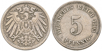 ГЕРМАНИЯ 5 ПФЕННИГОВ 1903 A, KM 11, J. 12 медно-никель 73-1737
