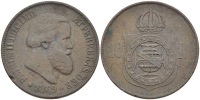Бразилия 20 рейсов 1869 Педро II (1831-1889) KM 474 бронза 4529-451