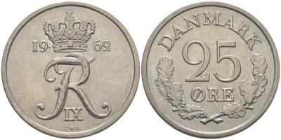 ДАНИЯ 25 ЭРЕ 1962 С; S, ФРЕДЕРИК IX (1947-1972) KM 850 медно-никель 28-411