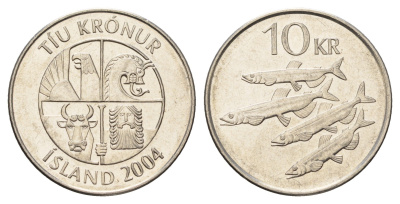 Исландия 10 крон 2004 рыбы KM 29.1a сталь плакированная никелем 4691-247
