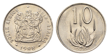ЮАР 10 центов 1988 герб, цветок алоэ KM 85 никель UNC 4694-626
