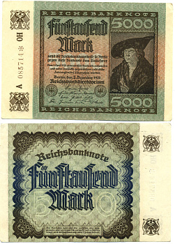 ГЕРМАНИЯ 5000 МАРОК 1922 2 ДЕКАБРЯ 1922, ВОДЯНОЙ ЗНАК G, ДЮРЕР Pick 81b бумага 7147-28-2