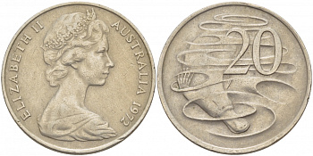 Австралия 20 центов 1972 Елизавета II (1952-2022), утконос KM 66 медно-никель 215-842