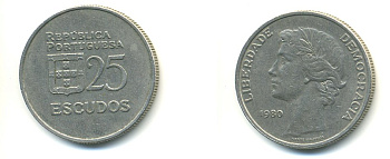 Португалия 25 эскудо 1980 первый год KM 607 a медно-никель 54-2341