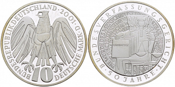 ФРГ 10 марок 2001 В, 50 лет Федерального Конституционного суда Германии KM 206 серебро PROOF 1087-4-22