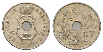 Бельгия 25 сантимов 1908 Belgique, Леопольд II (1865-1909) KM 62 медно-никель aUNC 3896-532