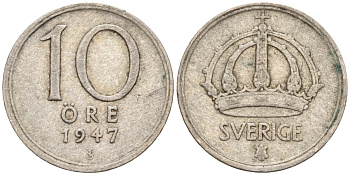 Швеция 10 эре 1947 TS, Густав V (1907-1950) KM 813 серебро 4147-852