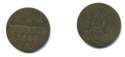 Ганновер 1 пфенниг 1845 A, Эрнст Август (1837-1851) KM 173.1, AKS 126, J. 54 медь 35-724