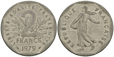 Франция 2 франка 1979 сеятель KM 942.1 никель 4120-415
