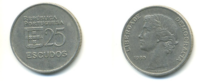Португалия 25 эскудо 1980 первый год KM 607 a медно-никель 54-2341