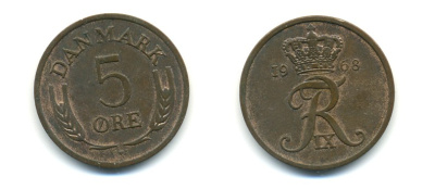 ДАНИЯ 5 ЭРЕ 1968 C; S, ФРЕДЕРИК IX (1947-1972) KM 848.1 бронза 80-337