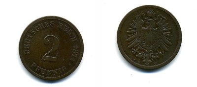 ГЕРМАНИЯ 2 ПФЕННИГА 1874 G, СТАРОГЕРБОВКА KM 2, J.2 медь 35-545