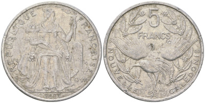 Французская Новая Каледония 5 франков 2003 птица кагу, (IEOM) KM 16, Schoen 12, Lec 81h алюминий 189-1026