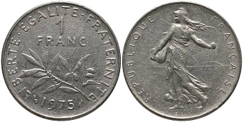 ФРАНЦИЯ 1 ФРАНК 1975 СЕЯТЕЛЬ KM 925.1 никель 181-435