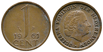 Нидерланды 1 цент 1961 Юлиана (1948-1980) КМ 180 бронза 177-1161