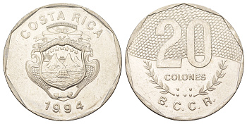 Коста-Рика 20 колонов 1994 KM 216.3 нержавеющая сталь UNC 4587-1231