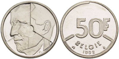 БЕЛЬГИЯ 50 ФРАНКОВ 1992 BELGIE, БОДУЭН I (1951-1993) KM 169 никель 4388-1034