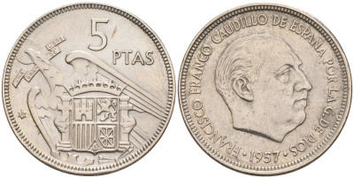 Испания 5 песет 1957(59) Франциско Франко (1939-1975) KM 786 медно-никель aUNC 4583-1144