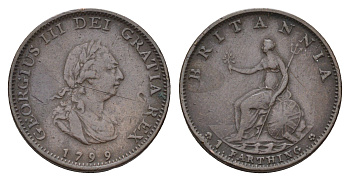 Великобритания 1 фартинг 1799 Георг III (1760-1820) KM 646, Spink 3779 медь 603-1323