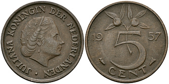 НИДЕРЛАНДЫ 5 ЦЕНТОВ 1957 ЮЛИАНА KM 181 бронза 95-327