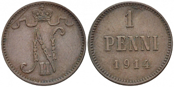 Россия для Финляндии 1 пенни 1914 Николай II (1894-1917) KM 13, Биткин 474 медь 4396-1411