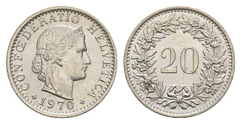 Швейцария 20 раппенов 1970 KM 29a медно-никель 4625-1166