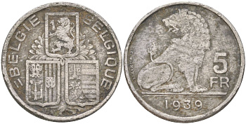 Бельгия 5 франков 1939 Belgique - Belgie, Леопольд III (1934-1951) KM 116 никель 4159-657