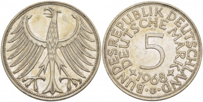 ФРГ 5 марок 1968 G, KM 112.1, J. 387 серебро 3457-323