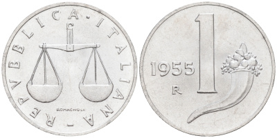 Италия 1 лира 1955 R, весы KM 91 алюминий  UNC  4594-625