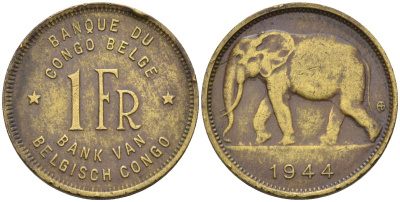 Бельгийское Конго 1 франк 1944 слон, Леопольд III KM 26 латунь 4396-617