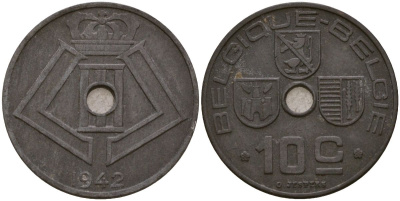 Бельгия 10 сантимов 1942 Король Леопольд III (1934 - 1947), Германская оккупация KM 126 цинк 183-245
