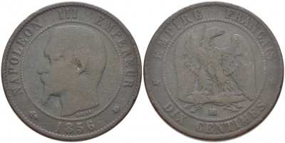 ФРАНЦИЯ 10 САНТИМОВ 1856 BB, НАПОЛЕОН III (1852-1870) KM 771.3, LA FRANC 133.34 бронза 114-1231