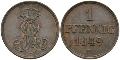 Ганновер 1 пфенниг 1849 B, Эрнст Август (1837-1851) KM 201.1, AKS 129, J. 74 медь 4608-1038