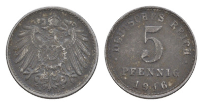 Германия 5 пфеннигов 1916 A, Вильгельм II (1888-1918) KM 19, J. 297 железо плакированное цинком 4644-1114