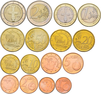 КИПР ЕВРОНАБОР ИЗ 8 МОНЕТ 2008 1, 2, 5, 10, 20, 50 ЕВРОЦЕНТОВ, 1 И 2 ЕВРО UNC 183-641
