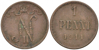 Россия для Финляндии 1 пенни 1911 Николай II (1894-1917) KM 13, Биткин 471 медь 4396-1351