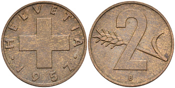 Швейцария 2 раппена 1957 В KM 47 бронза 4591-1136