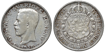 Швеция 1 крона 1936 G, Густав V (1907-1950) KM 786.2 серебро 4116-715