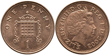 Великобритания 1 пенни 2003 Елизавета II (1952-2022) KM 986, Spink 4710 (B5) сталь плакированная медью 65-922