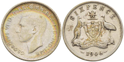 АВСТРАЛИЯ 6 ПЕНСОВ 1946 m, ГЕОРГ VI (1937-1952), ГЕРБ АВСТРАЛИИ, ПРОБА 500, ДИАМЕТР 19,4 ММ. KM 38а серебро 4516-121