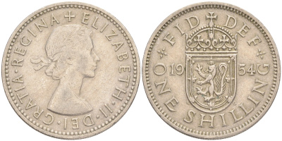 Великобритания 1 шиллинг 1954 Елизавета II (1952-2022), Шотландский герб KM 905, Spink 4148 медно-никель 4556-622