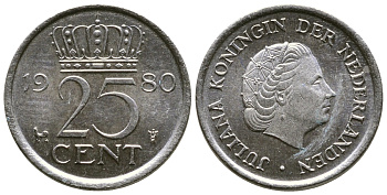 НИДЕРЛАНДЫ 25 ЦЕНТОВ 1980 ЮЛИАНА KM 183 никель 4110-1734