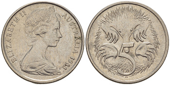 АВСТРАЛИЯ 5 ЦЕНТОВ 1983 ЕЛИЗАВЕТА II, МОЛОДОЙ ПОРТРЕТ, ЕХИДНА KM 64 медно-никель 66-364