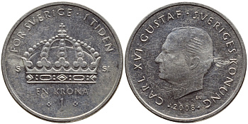 Швеция 1 крона 2008 Карл XVI Густав (1973- ) KM 894 медно-никель 4610-251