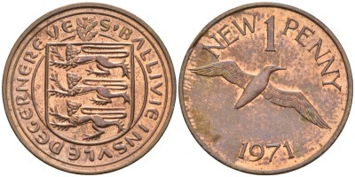 Гернси 1 пенни 1971 Елизавета II (1952-2022), северная олуша в полете KM 211 бронза UNC 4582-221