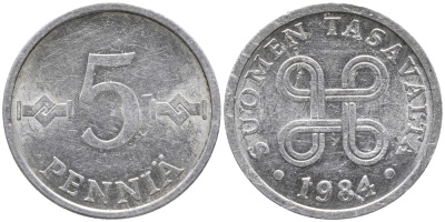 ФИНЛЯНДИЯ 5 ПЕННИ 1984 KM 45а алюминий 100-434