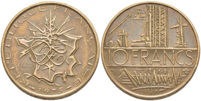 Франция 10 франков 1975 тип Матье KM 940, Le Franc 365.5-6 никель латунь 110-1032