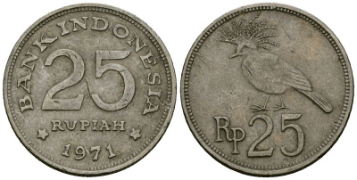 Индонезия 25 рупий 1971 венценосный голубь KM 34 медно-никель 4136-1044