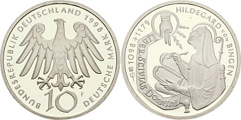 ФРГ 10 марок 1998 G, 900 лет со дня рождения Хильдегарда Бингенская KM 189 серебро PROOF 00-000-00