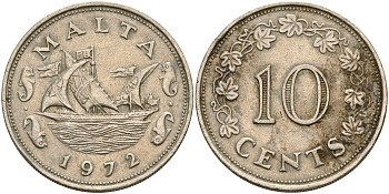 Мальта 10 центов 1972 баржа Великого магистра KM 11 медно-никель 4137-816
